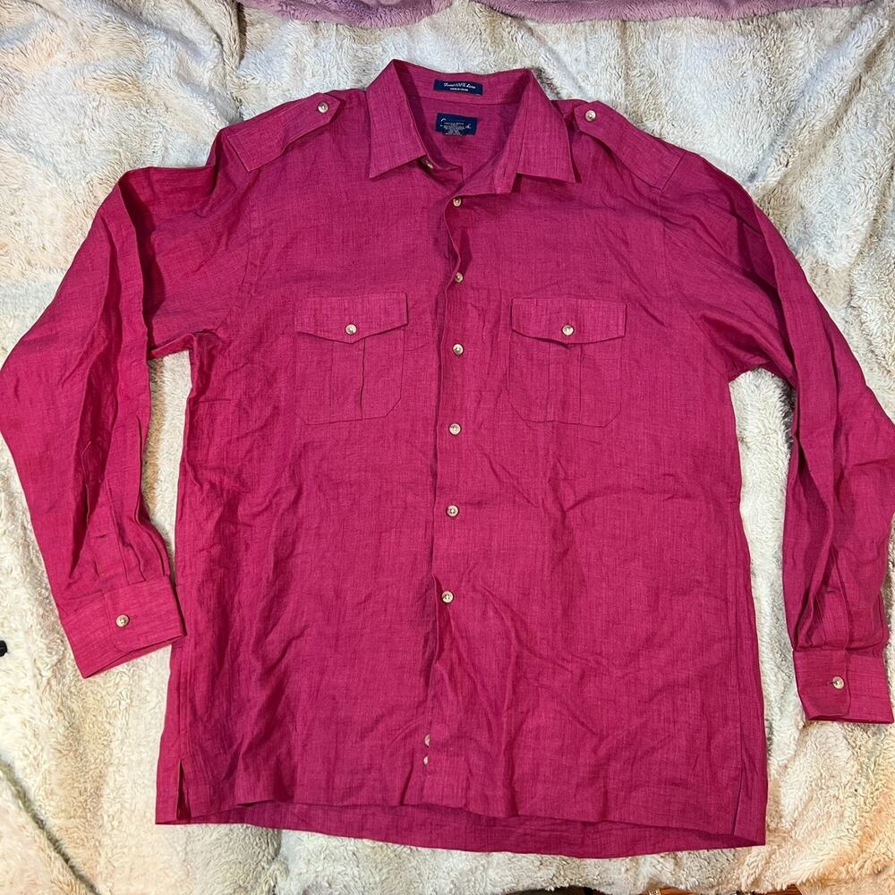 Paul Frederick 100% Linen Button Up Shirt Red Roll Tab Sleeve Shoulder Epaulets